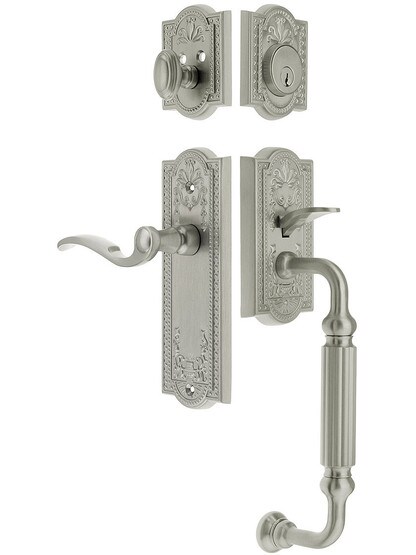 Parthenon Entry Lock Set in Satin Nickel Finish with Right-Handed Bellagio Lever and